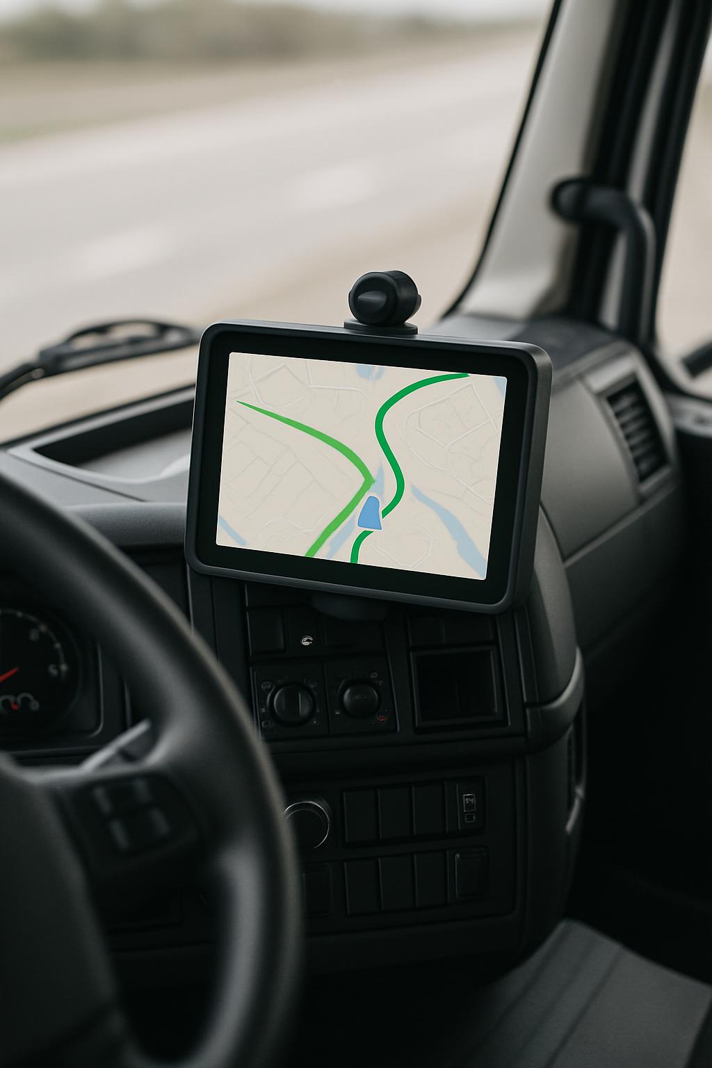 Car GPS mounted on dashboard displaying a map with green roads and a blue river.