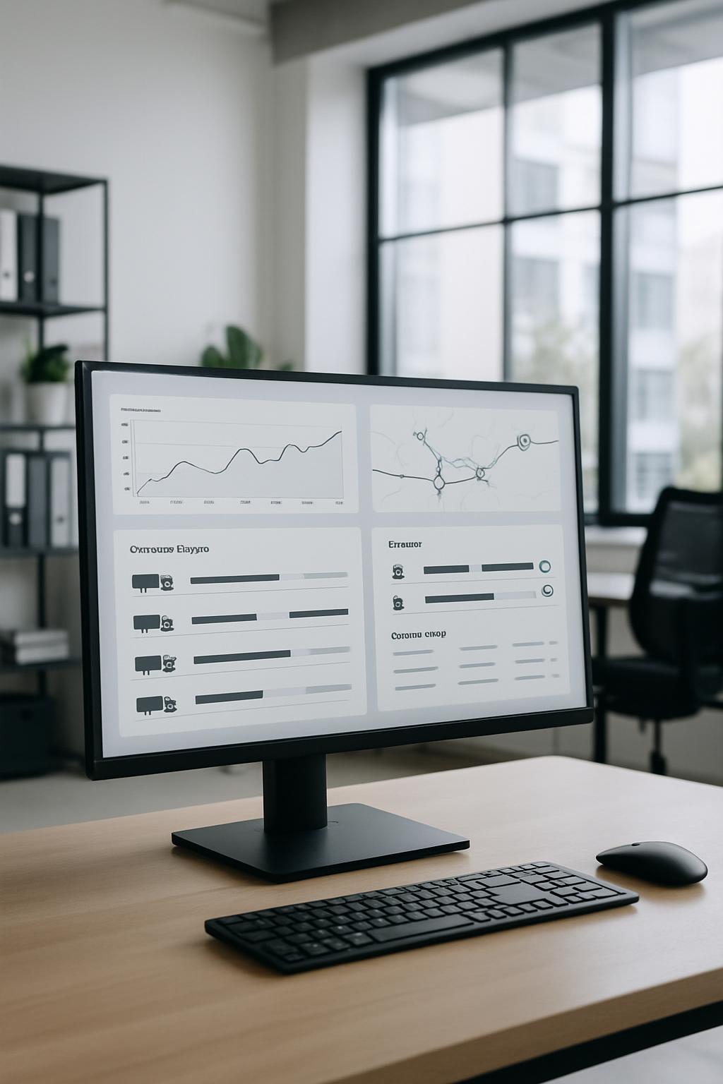 mockup of computer monitor with data on its screen, sitting on a office desk, Mockup.