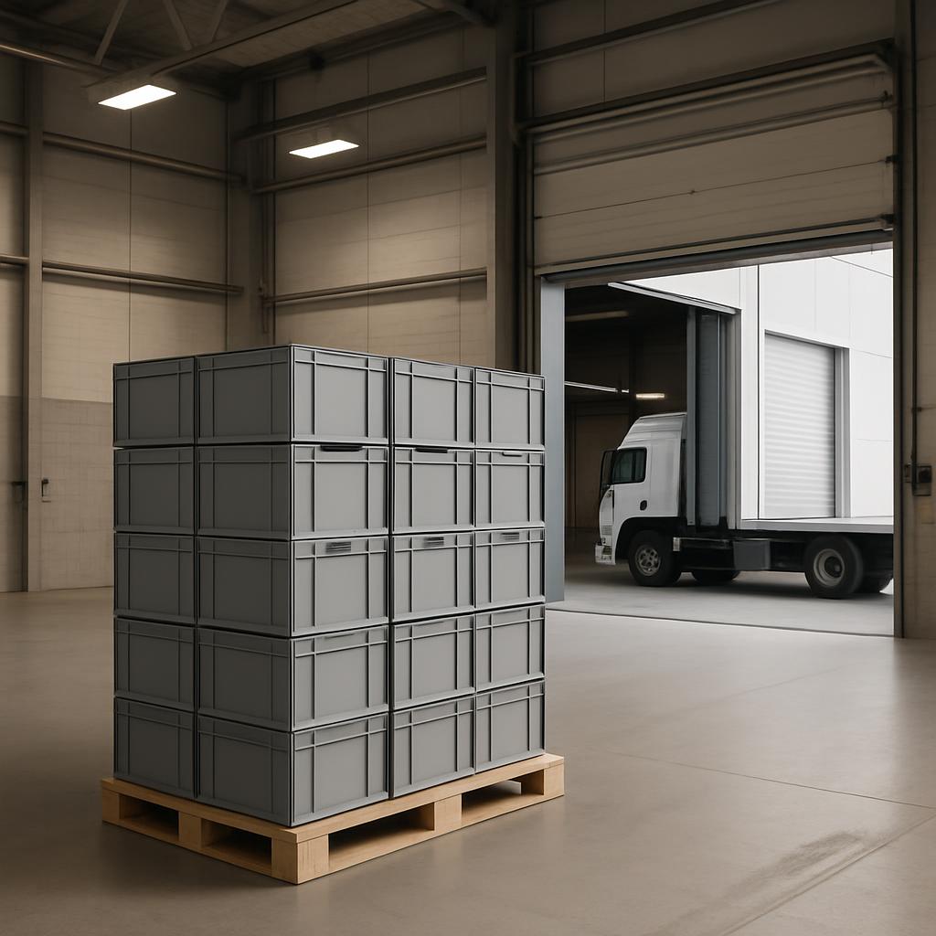 Interior shot of warehouse with a stack of gray plastic totes on a pallet or wooden crate and an open loading dock for a t...