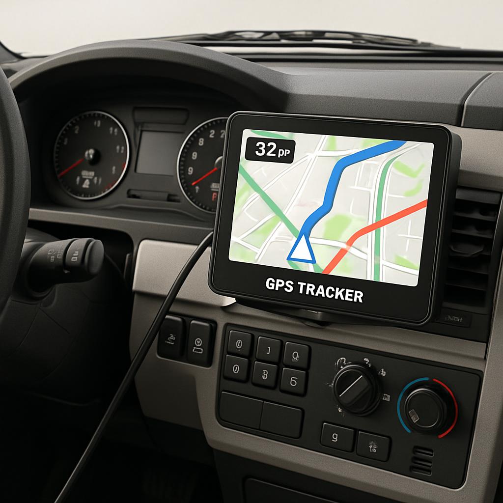 The image shows a black GPS tracker installed in the dashboard of a car, with various other car components visible in the ...